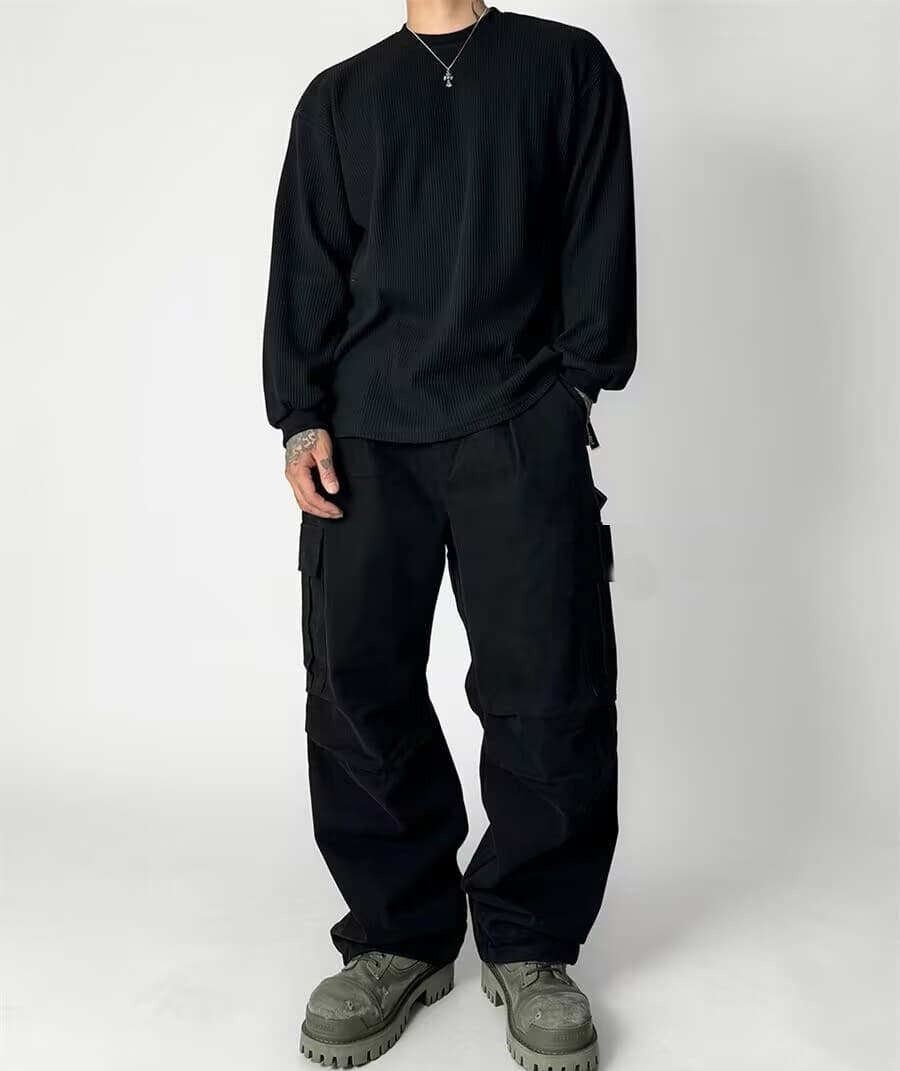 ワッフル tシャツ メンズ長袖tシャツ 長袖 カットソー 裾スリット クルーネック 無地 インナー トップス 大きいサイズ おし |  | 11