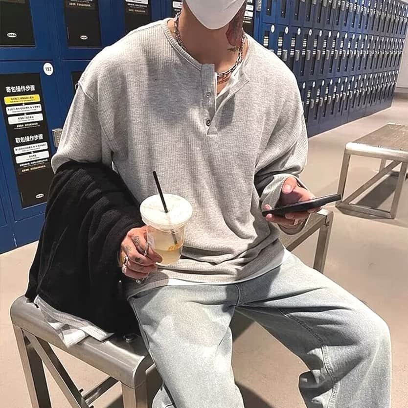 コーデュロイ tシャツメンズ 長袖 ヘンリーネック 重ね着風 レイヤード風 無地 カットソー インナー トップス おしゃれ きれ |  | 01