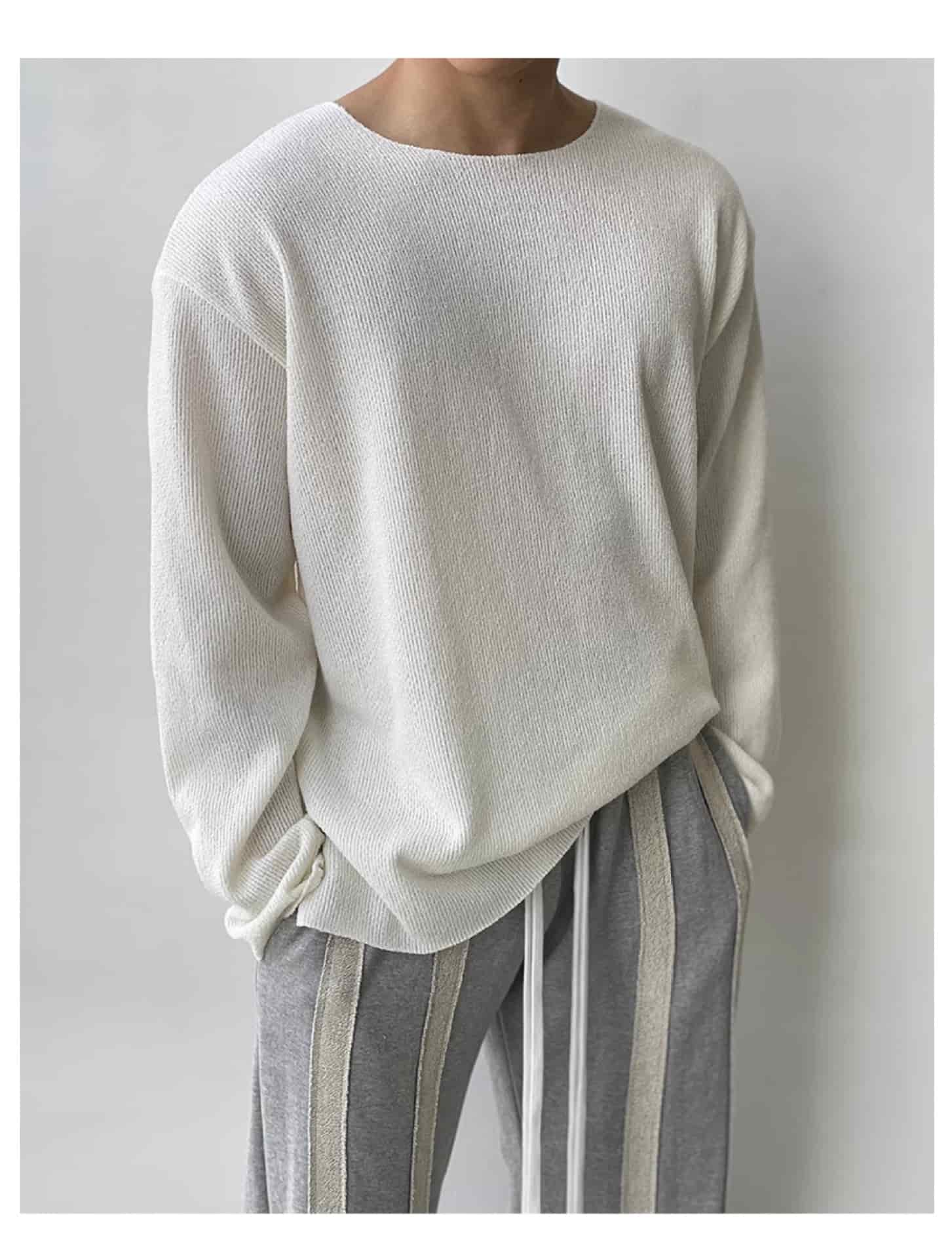 ビッグシルエット tシャツメンズ ニット カットソー 長袖 体型カバー ニットソー 着痩せ クルーネック 無地 インナー トップ |  | 05