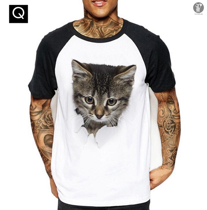 Tシャツ イラスト メンズ 3D 猫 可愛い ラグランTシャツ 半袖 男女兼用 薄手 ねこ 配色 面白 おもしろ トリックアート 代引不可｜goodplus｜02