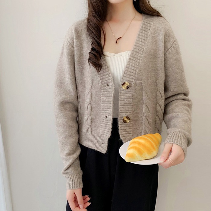 ニット カーディガン レディース 春 秋 ショート丈 ケーブル編み Vネック セーター 長袖 前開き トップス 羽織り 無地 着痩せ |  | 04