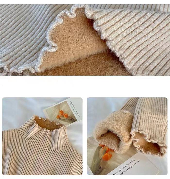 リブニット ニットトップス レディース インナー ニットソー ハイネック 長袖 裏起毛 フリルネック 無地 秋 冬 あったか 暖か |  | 11