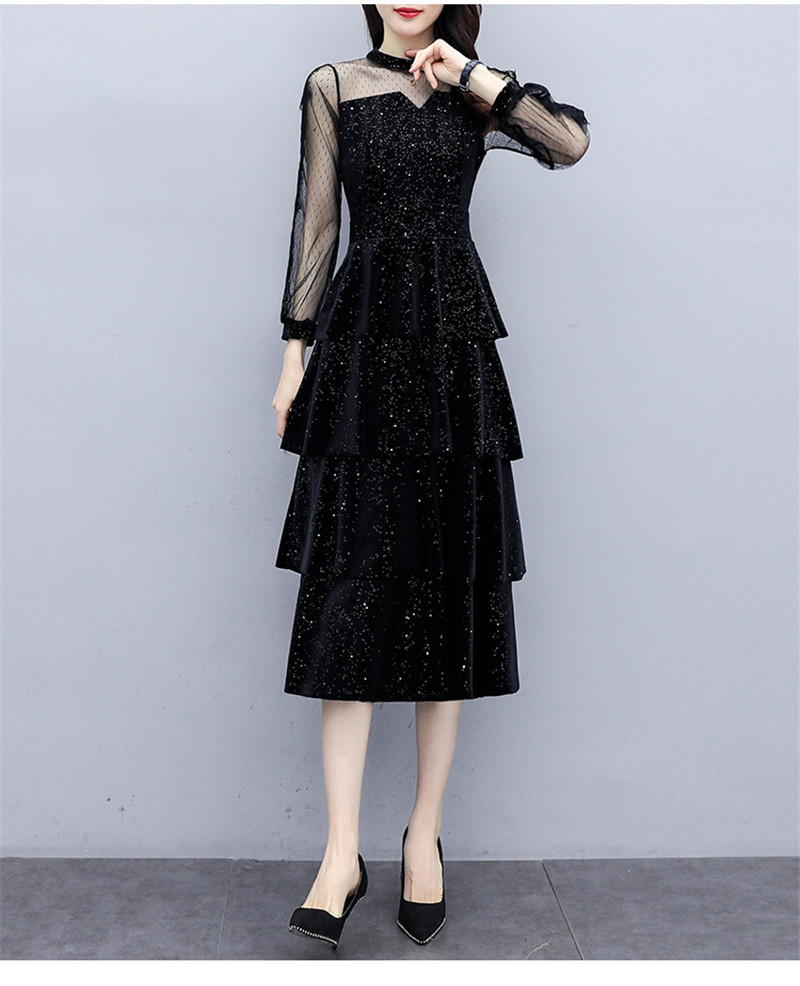 パーティードレス 結婚式 ワンピース ベロア ラメ ドレス お呼ばれ フォーマル 入学式 入園式 パーティー ベロアワンピース 長袖 シースルー ティアード |  | 01