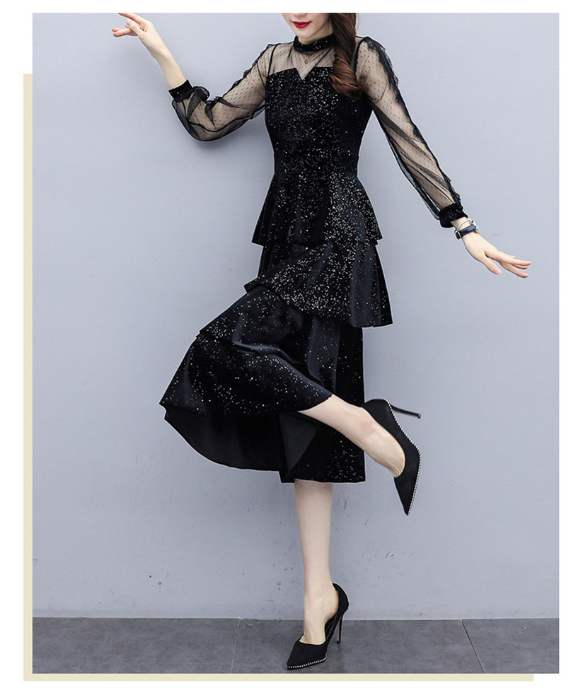 パーティードレス 結婚式 ワンピース ベロア ラメ ドレス お呼ばれ フォーマル 入学式 入園式 パーティー ベロアワンピース 長袖 シースルー ティアード |  | 09