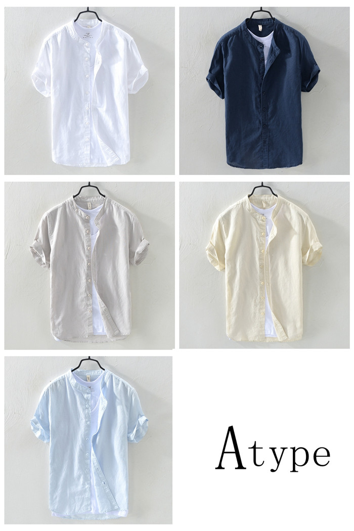 綿麻シャツ メンズ 半袖 無地 リネンシャツ カジュアルシャツ ビジネス バンドカラーシャツ スタンドカラー |  | 01