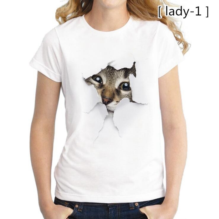 レディースTシャツ 可愛い 3D 猫 半袖 男女兼用 薄手 白 レディース 面白 トリックアート 代...