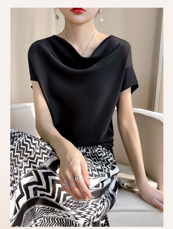 シャツ シルクタッチ ブラウス 半袖 レディース tシャツ サテン プルオーバー Uネック シャツブラウ |  | 14
