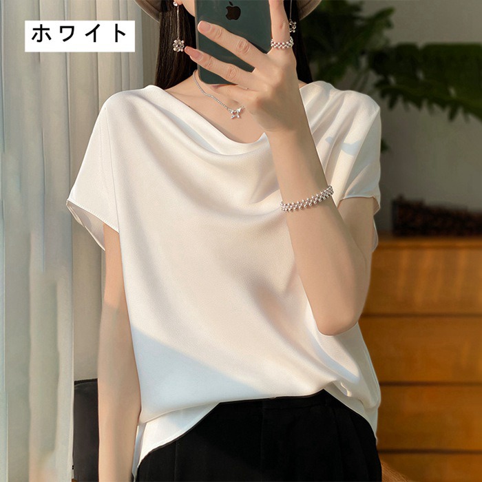 シャツ シルクタッチ ブラウス 半袖 レディース tシャツ サテン プルオーバー Uネック シャツブラウ |  | 01