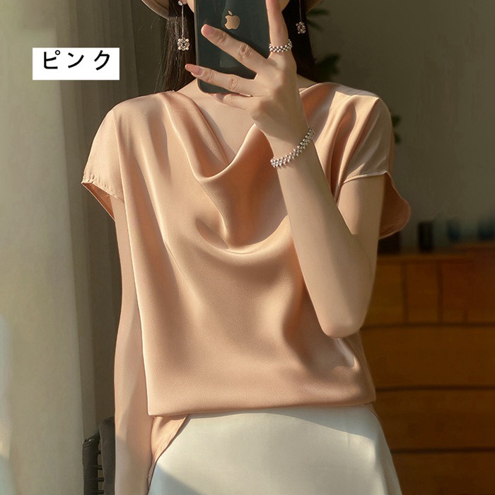シャツ シルクタッチ ブラウス 半袖 レディース tシャツ サテン プルオーバー Uネック シャツブラウ |  | 02
