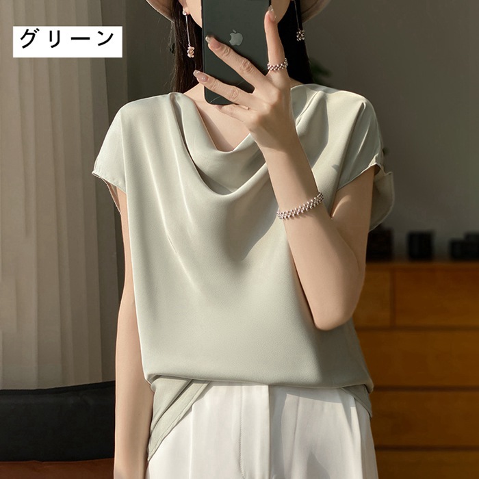 シャツ シルクタッチ ブラウス 半袖 レディース tシャツ サテン プルオーバー Uネック シャツブラウ |  | 03