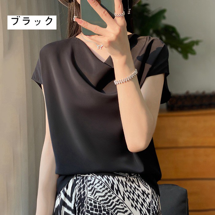 シャツ シルクタッチ ブラウス 半袖 レディース tシャツ サテン プルオーバー Uネック シャツブラウ |  | 04