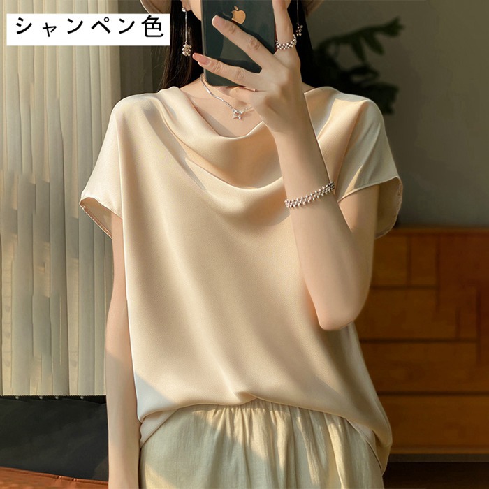 シャツ シルクタッチ ブラウス 半袖 レディース tシャツ サテン プルオーバー Uネック シャツブラウ |  | 05