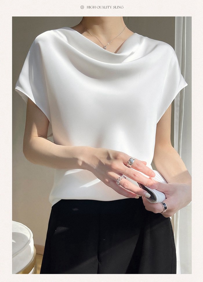 シャツ シルクタッチ ブラウス 半袖 レディース tシャツ サテン プルオーバー Uネック シャツブラウ |  | 08