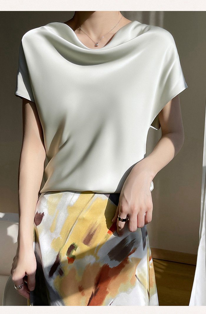 シャツ シルクタッチ ブラウス 半袖 レディース tシャツ サテン プルオーバー Uネック シャツブラウ |  | 10