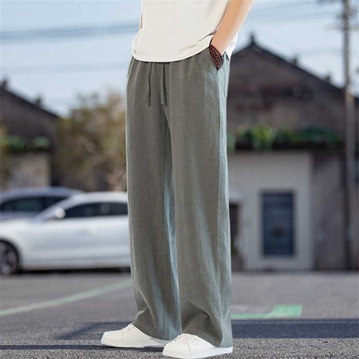 リネンライク ワイドパンツ メンズ 夏 麻調 麻風 アイスシルク 涼しい 接触冷感 イージーパンツ ストレート パンツ 落ち感 |  | 04