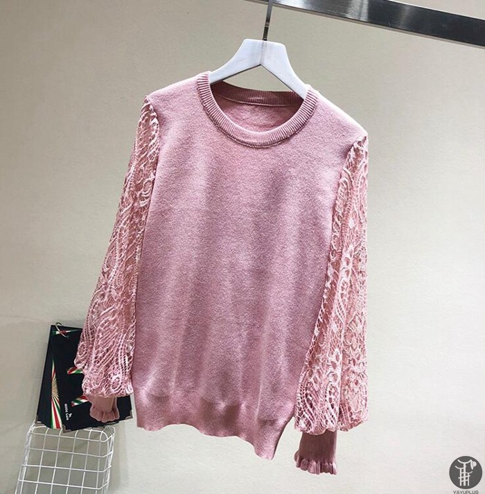 ニット セーター ニットソー ラウンドネック レース袖 レーススリーブ 花柄 2type レディース トップス |  | 06