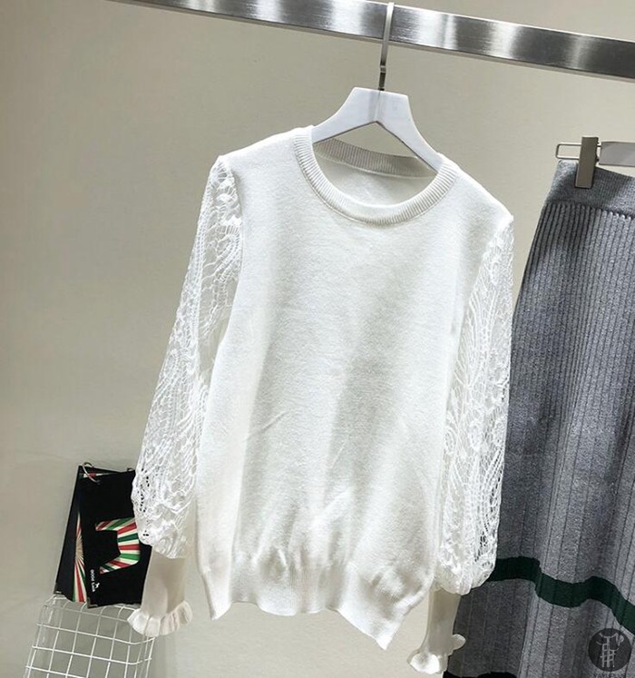 ニット セーター ニットソー ラウンドネック レース袖 レーススリーブ 花柄 2type レディース トップス |  | 05