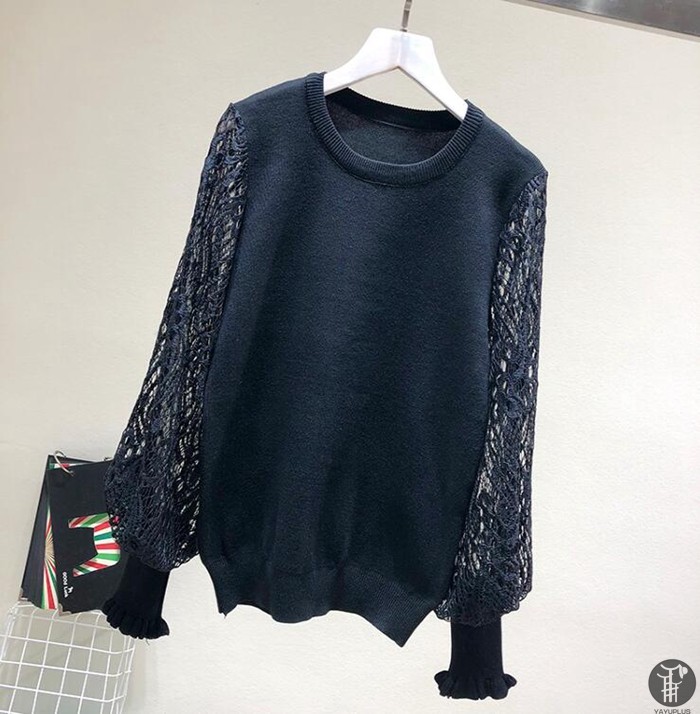 ニット セーター ニットソー ラウンドネック レース袖 レーススリーブ 花柄 2type レディース トップス |  | 01