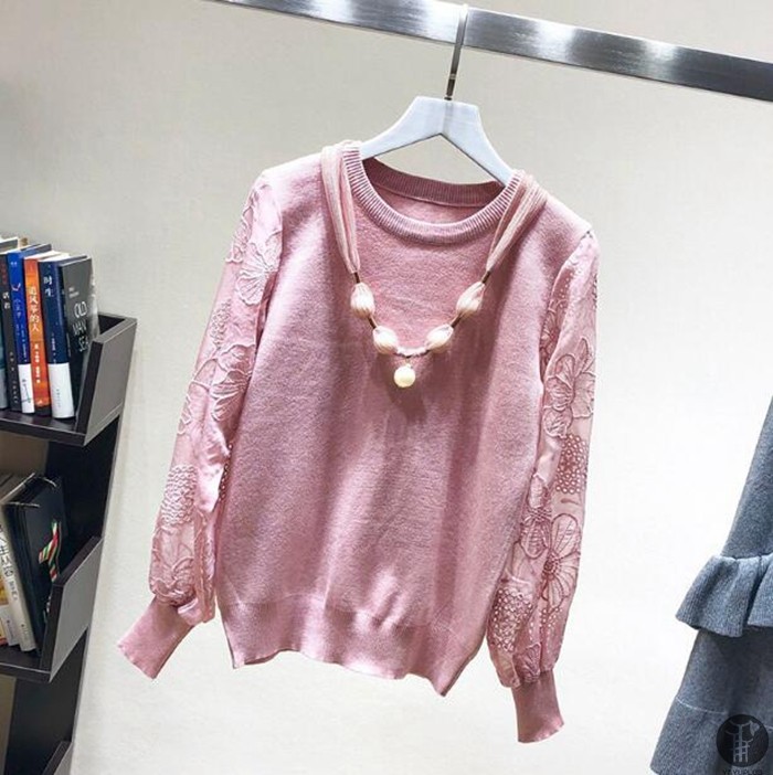 ニット セーター ニットソー ラウンドネック レース袖 レーススリーブ 花柄 2type レディース トップス |  | 12