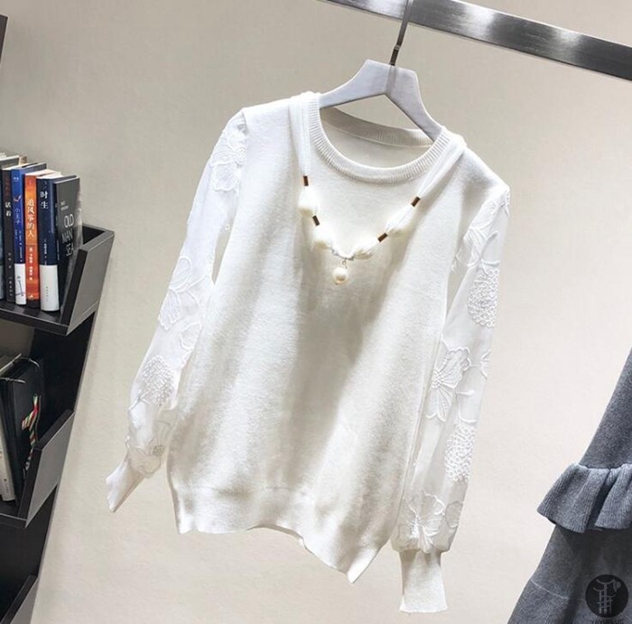 ニット セーター ニットソー ラウンドネック レース袖 レーススリーブ 花柄 2type レディース トップス |  | 11