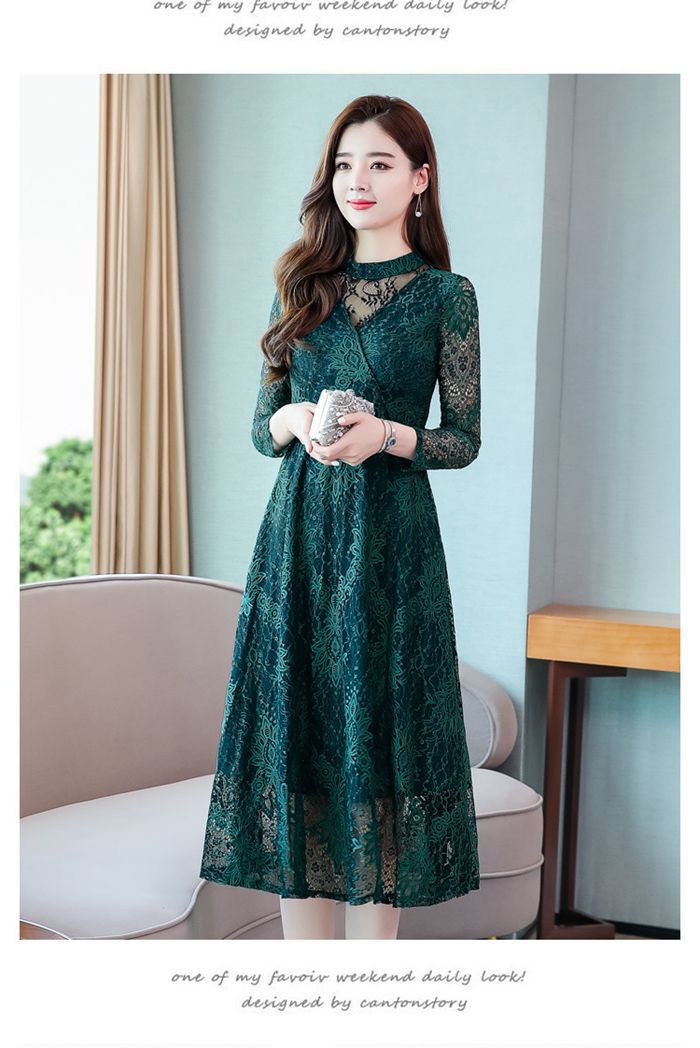 パーティードレス 総レース シースルー袖 長袖 ロングワンピース  ウエストベルト付き ドレス 結婚式 披 |  | 14