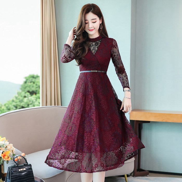 パーティードレス 総レース シースルー袖 長袖 ロングワンピース  ウエストベルト付き ドレス 結婚式 披 |  | 01