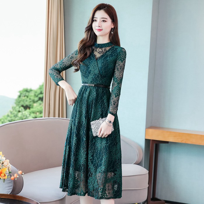 パーティードレス 総レース シースルー袖 長袖 ロングワンピース  ウエストベルト付き ドレス 結婚式 披 |  | 02