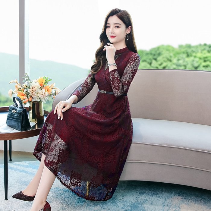 パーティードレス 総レース シースルー袖 長袖 ロングワンピース  ウエストベルト付き ドレス 結婚式 披 |  | 05