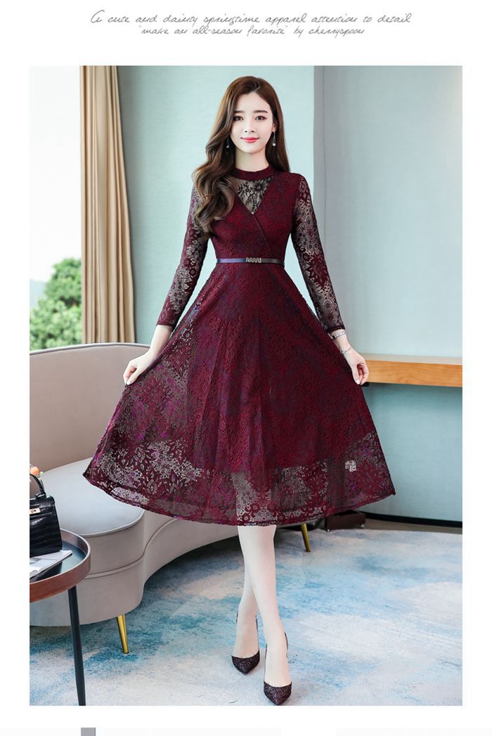 パーティードレス 総レース シースルー袖 長袖 ロングワンピース  ウエストベルト付き ドレス 結婚式 披 |  | 06