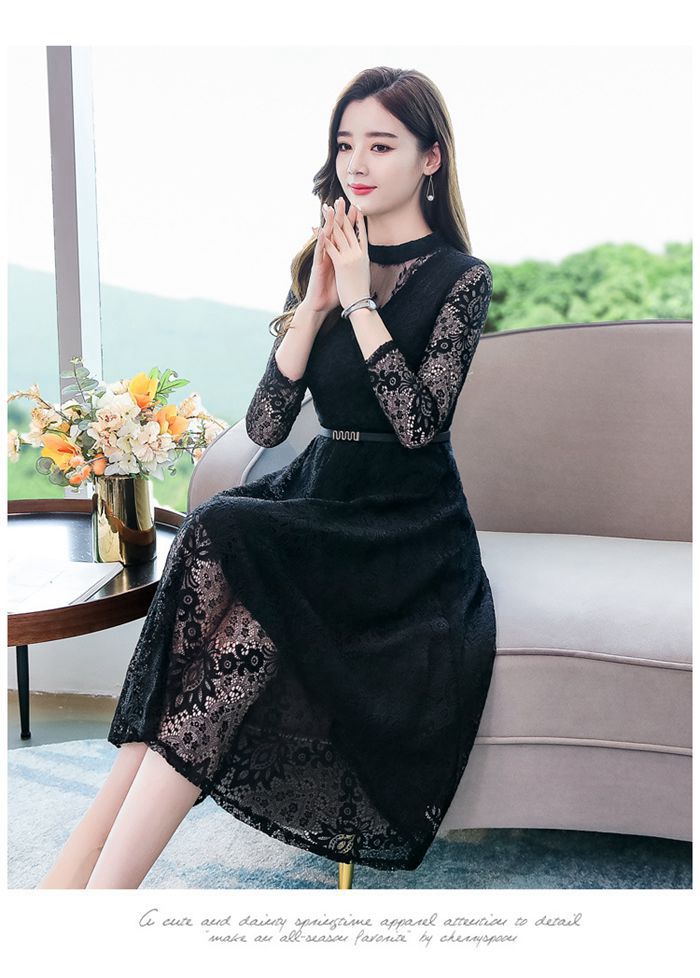 パーティードレス 総レース シースルー袖 長袖 ロングワンピース  ウエストベルト付き ドレス 結婚式 披 |  | 09