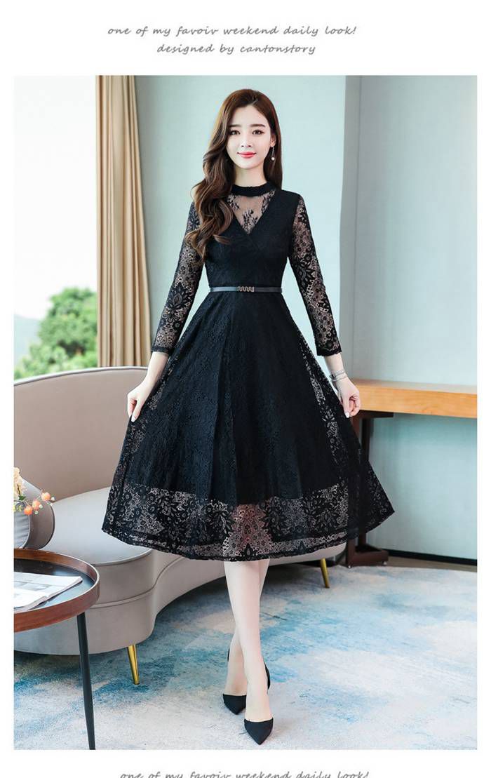 パーティードレス 総レース シースルー袖 長袖 ロングワンピース  ウエストベルト付き ドレス 結婚式 披 |  | 10