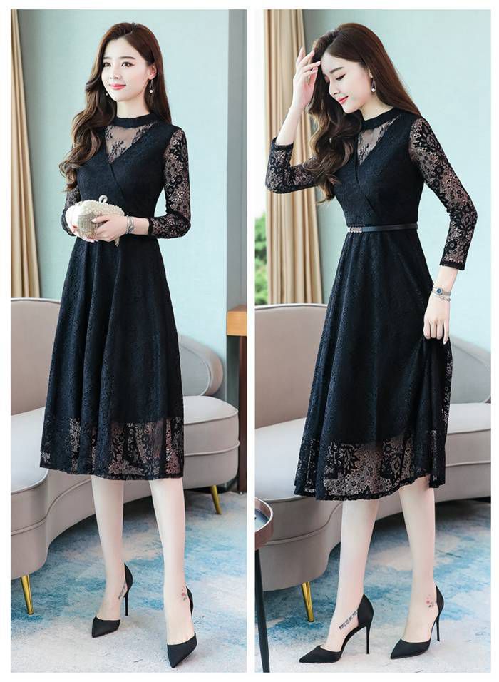 パーティードレス 総レース シースルー袖 長袖 ロングワンピース  ウエストベルト付き ドレス 結婚式 披 |  | 12