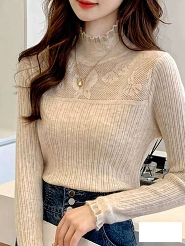 リブニット ハイネック セーター 首元レースレディース ニットセーター リブニット ショート丈 トップス 長袖 インナー 肌 |  | 05