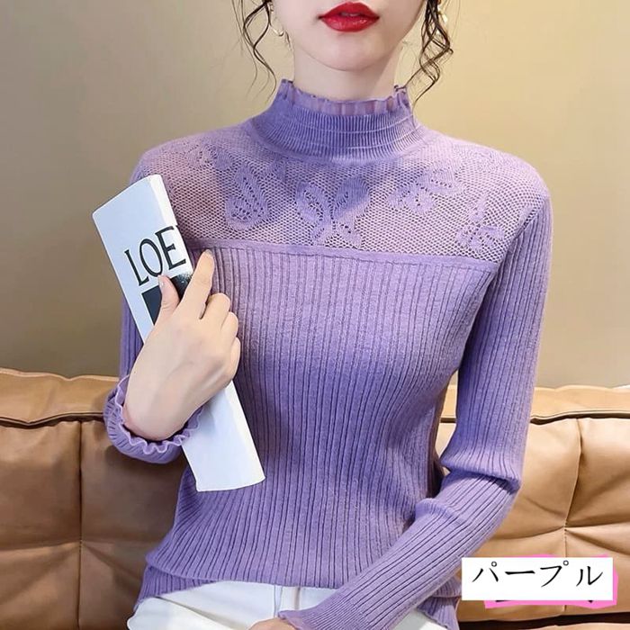 リブニット ハイネック セーター 首元レースレディース ニットセーター リブニット ショート丈 トップス 長袖 インナー 肌 |  | 04