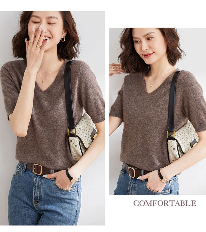 サマーニット レディース 半袖ニット Vネック トップス ゆったり 二の腕カバー パフスリーブ カットソー 袖長め 体型カバー |  | 17