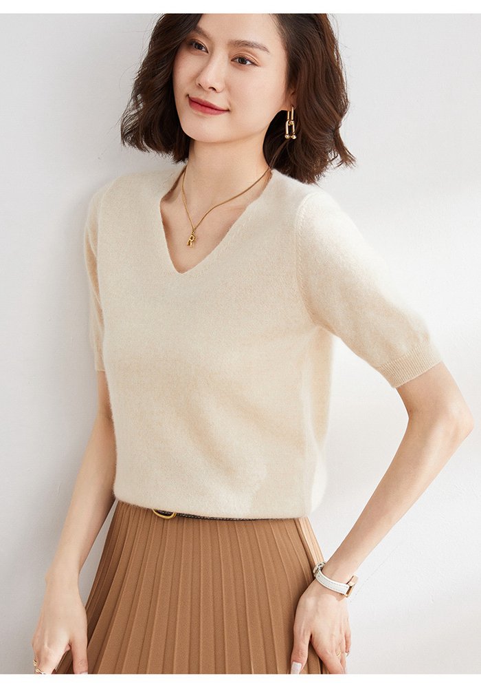 サマーニット レディース 半袖ニット Vネック トップス ゆったり 二の腕カバー パフスリーブ カットソー 袖長め 体型カバー |  | 18