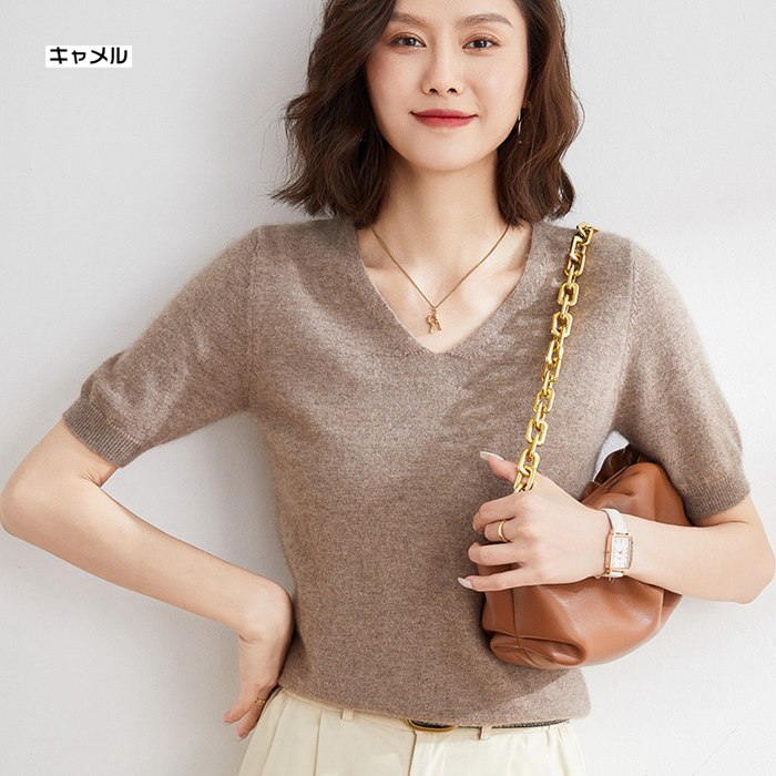 サマーニット レディース 半袖ニット Vネック トップス ゆったり 二の腕カバー パフスリーブ カットソー 袖長め 体型カバー |  | 04