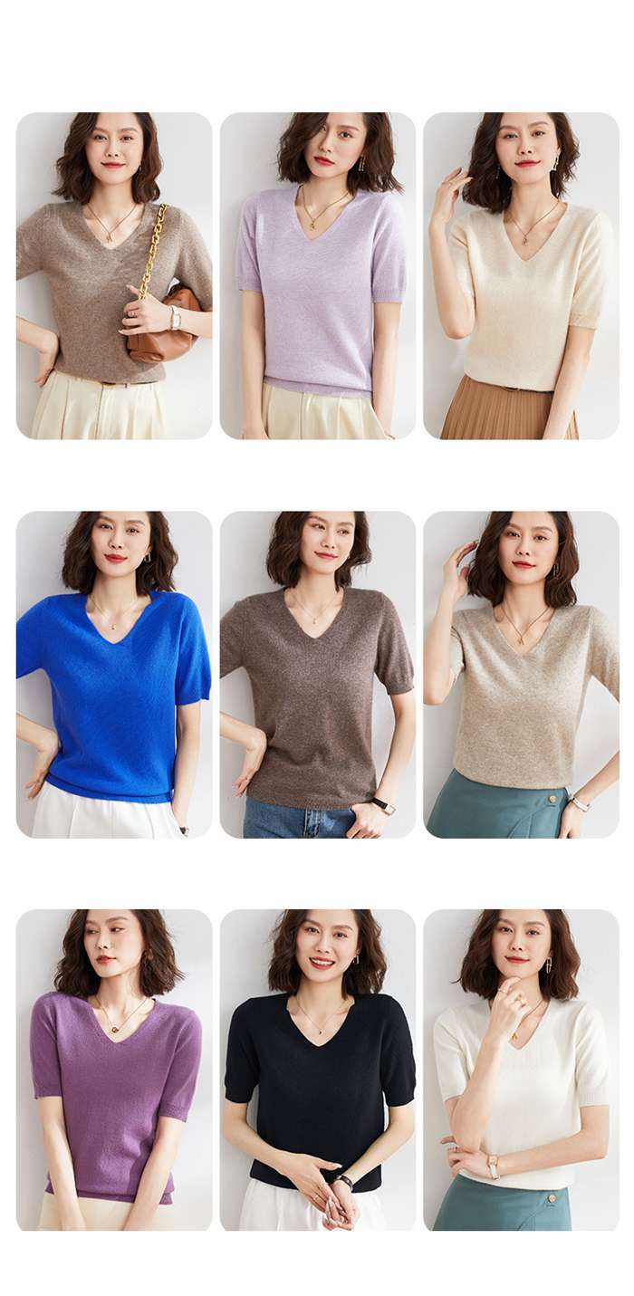 サマーニット レディース 半袖ニット Vネック トップス ゆったり 二の腕カバー パフスリーブ カットソー 袖長め 体型カバー |  | 10