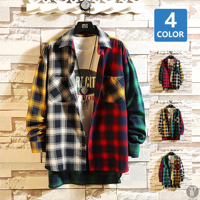 長袖シャツ メンズ お兄系シャツ かっこいい オシャレ スキッパー チェックシャツ デザイン ボダンシャツ 春秋 送料無料 開襟 大放出セール お兄系 シャツ