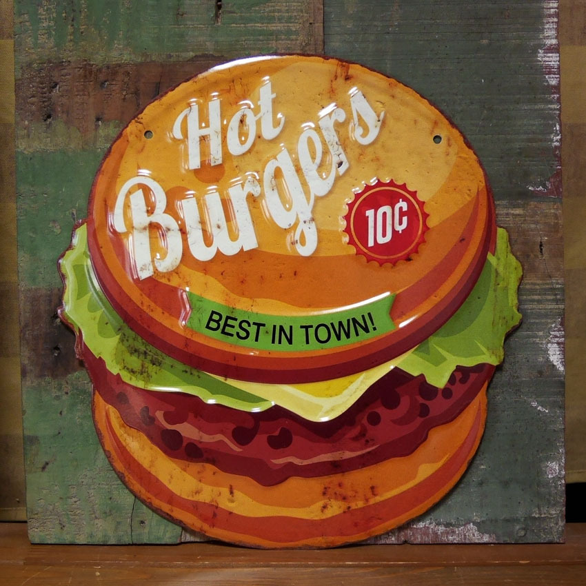 アンティーク エンボスプレート ハンバーガー Hot Burgers ブリキ 