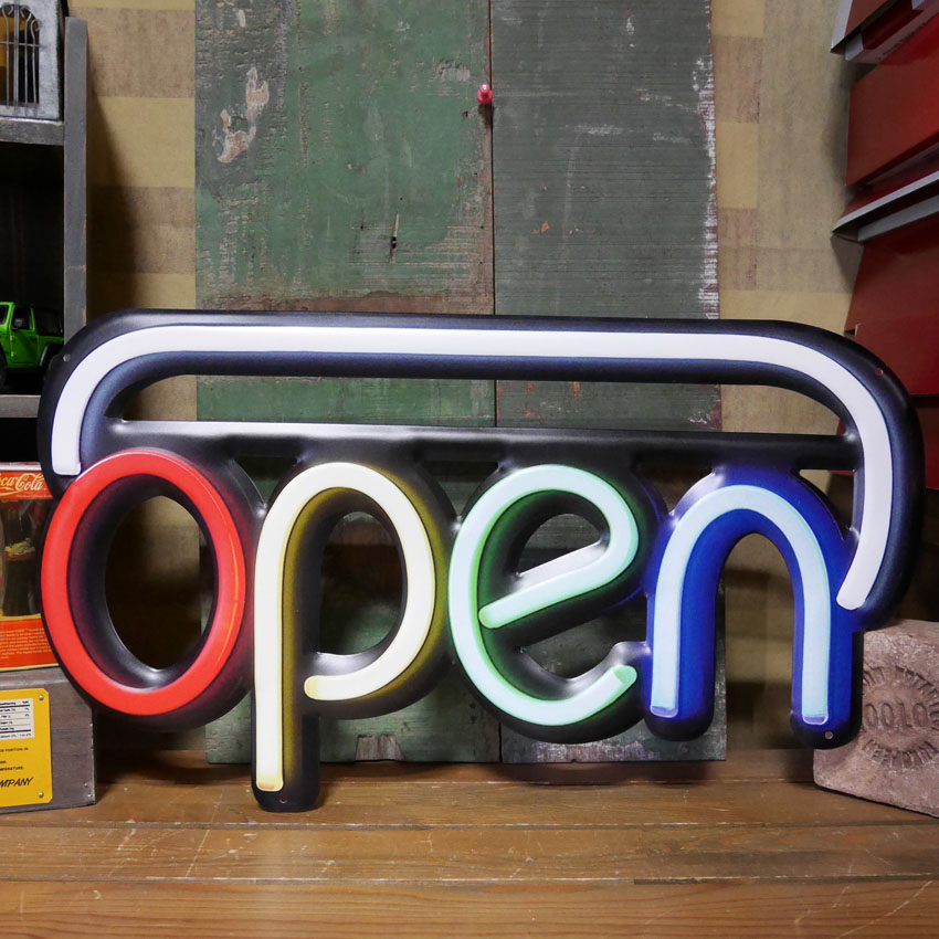 アンティーク エンボスプレート OPEN NEON TUBE ブリキ看板 オープン