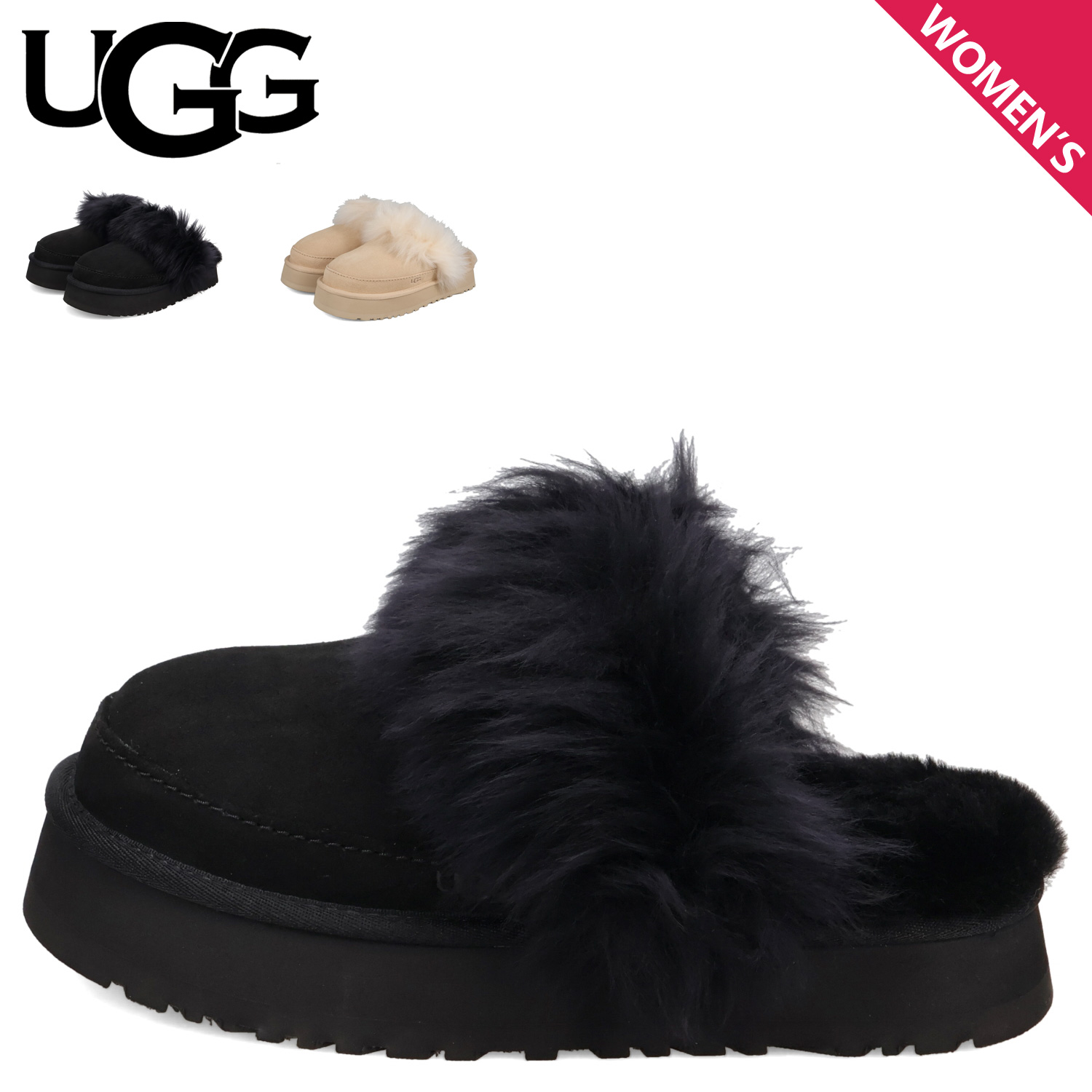 ★UGG ブラックファーサンダル★ UGG（アグ） サンダル ファー サボ ルームシューズ レディース 厚底