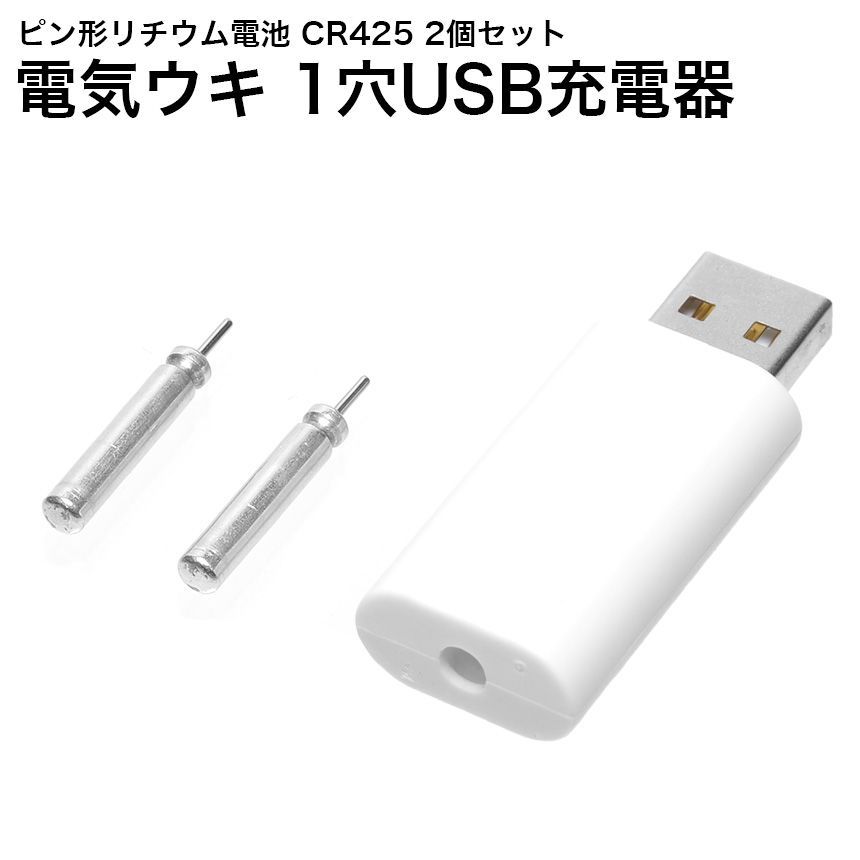 1穴充電 電気ウキ USB充電器 CR425 リチウム電池 セット ピン形充電