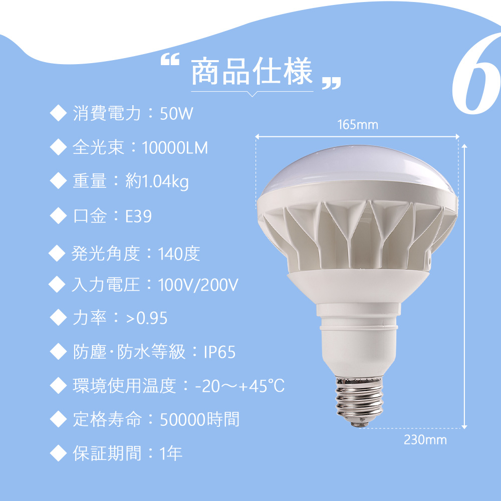 LEDバラストレス水銀灯 500W相当 50W E39口金 par56 10000lm 省エネ led電球 高天井照明 ip65防水 工事用電球 ビーム電球交換用 看板照明 倉庫照明 1年保証｜goodsone｜12