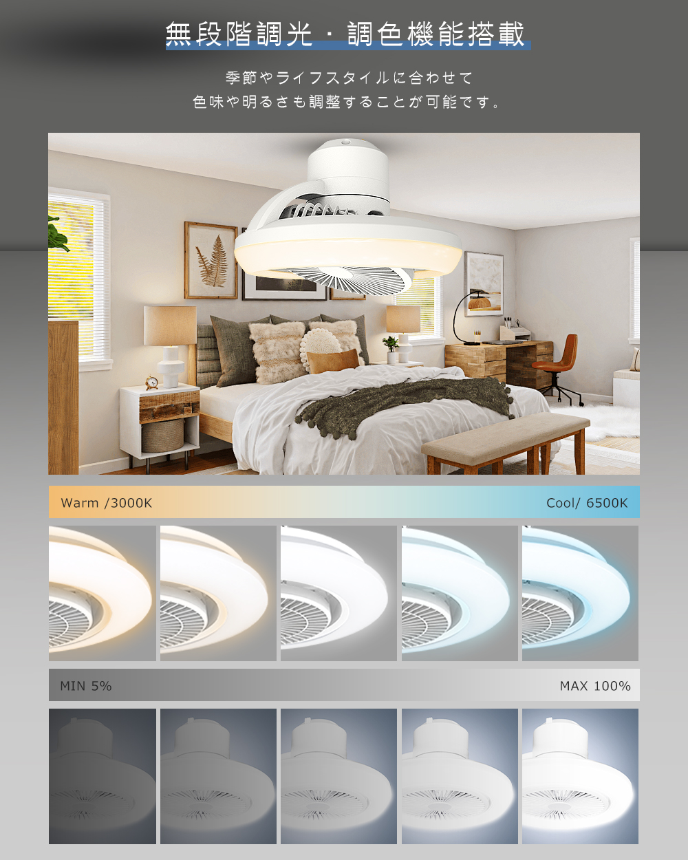 シーリングファンライト 首振り LED 調光調色 常夜灯付き