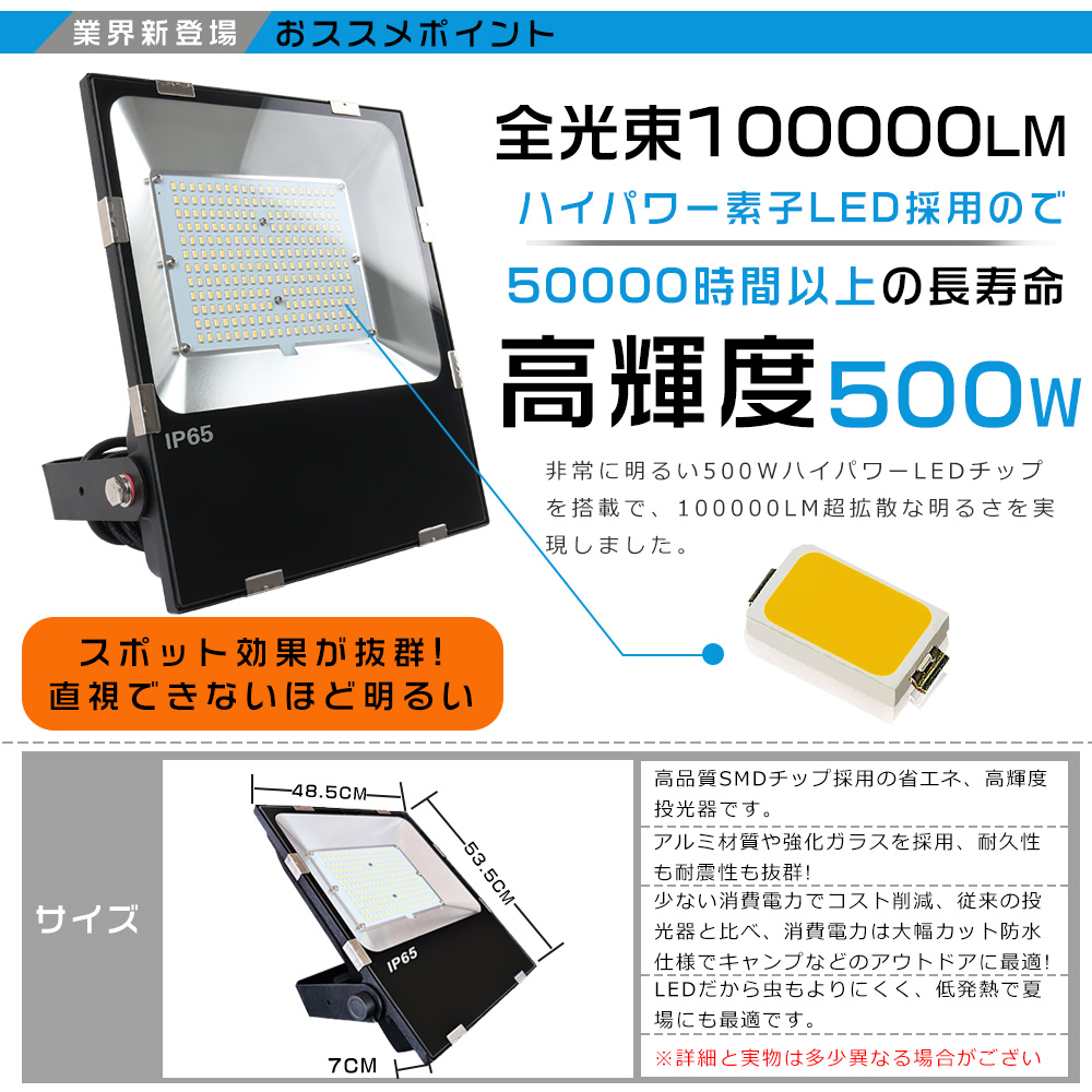 8個セット LED投光器 500W 屋外用 明るい 5000W相当 高天井用LED照明