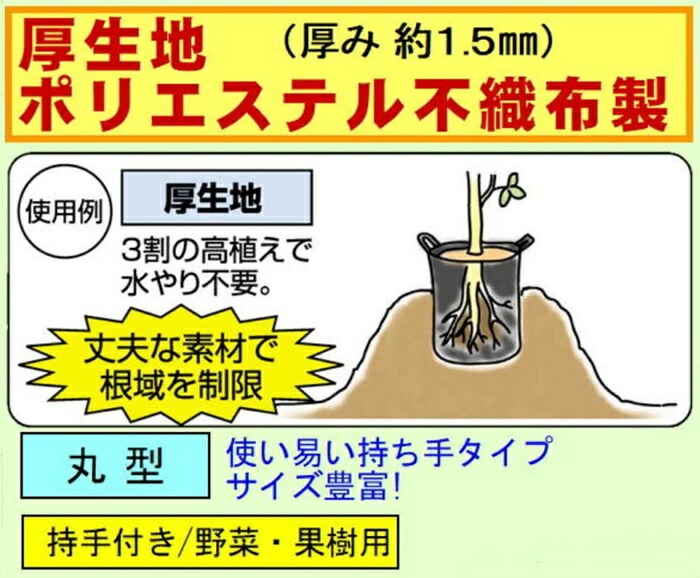 ガーデンバック 40cm 38リットル【10枚セット】 植木鉢 布鉢 持ち手 丸 黒 不織布 厚生地 1.5mm ポリエステル｜goopot｜03