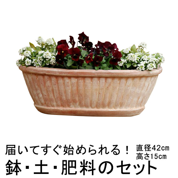 最新コレックション 最大73%OFFクーポン おしゃれ 訳あり 植木鉢 土 肥料のセット 縦縞入り だ円型 プランター 素焼き鉢 テラコッタ 鉢 42cm と 培養土と鉢底石と鉢底ネットと肥料のセット kentaro.sakura.ne.jp kentaro.sakura.ne.jp