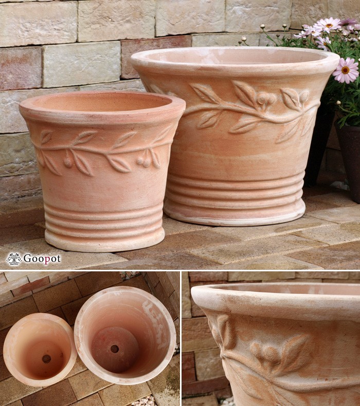 大型陶器鉢40cm アンティーク鉢 デザイン鉢 A テラコッタ 風水 黒艶なし-