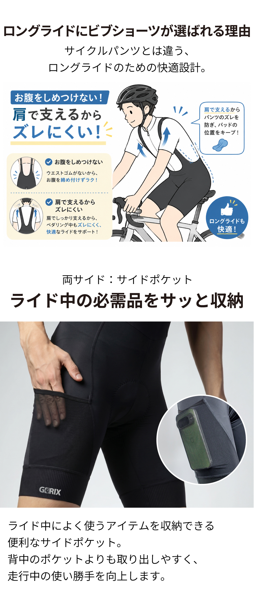 GORIX 送料無料 ビブショーツ サイクルパンツ メンズ 超極厚3Dパッド